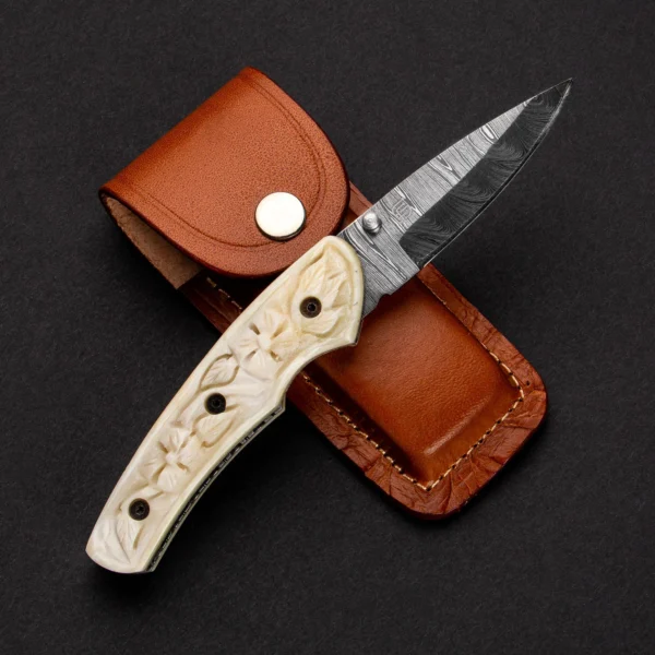Barca Damascus Steel Folding Knife with Carved Bone Handle